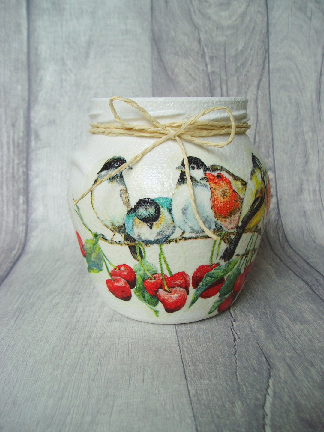 Decoupage Jar. Birds and Cherries Decoupage Vase. Supplied With