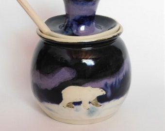 Stoneware Polar Bear Honey Pot with Northern Lights