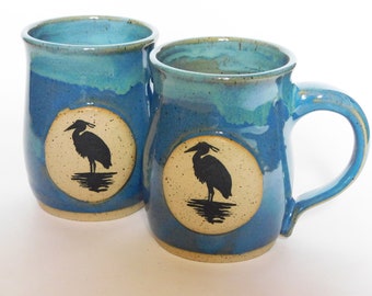 Great Blue Heron Crane Blue Stoneware Mug