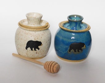 Stoneware Black Bear Honey Pot Blue or White