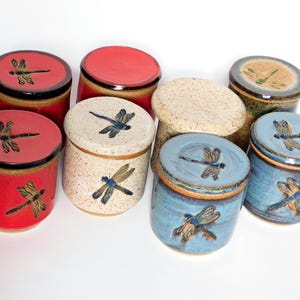 May include: A collection of nine small ceramic jars with dragonfly designs. The jars are in various colours, including red, white, and blue. Some of the jars have a speckled glaze.