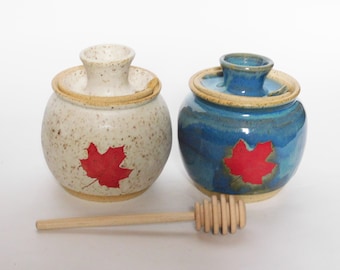 Stoneware Red Maple Leaf Honey Pot Blue or White