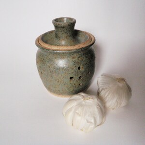 May include: A green ceramic garlic keeper with holes for ventilation. The keeper has a lid with a small opening on top. Two whole garlic bulbs are in front of the keeper.