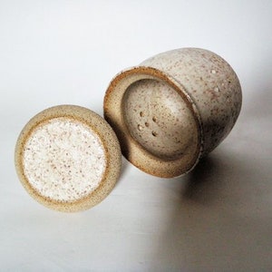 May include: A set of two ceramic salt and pepper shakers with a speckled white glaze. The shakers have a round shape and a small opening on top.
