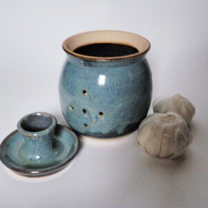May include: A blue ceramic garlic keeper with a lid and a small dish for storing garlic cloves. The keeper has holes for air circulation and is glazed in a light blue color with brown accents.