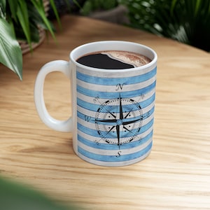 Nautical Compass Mug: Striped Beach Decor, Sea Lover Gift