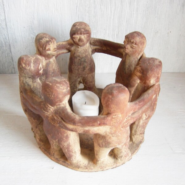 MEXICAN CIRCLE of FRIENDS 7 Figures Vintage Candle Holder Pre Columbian Tradition Pottery Healing Circle