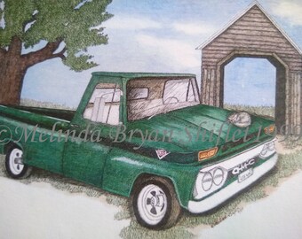 Antique Green GMC Truck with Cat Limited Edition Print - "Siesta on the GMC"