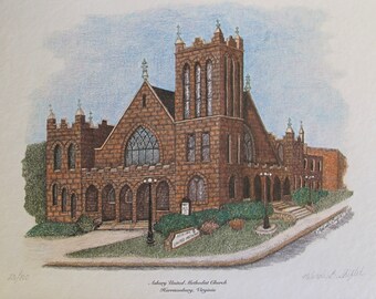 Asbury United Methodist Church Pen and Ink and Colored Pencil - Shrink-Wrapped Limited Edition Print- , Harrisonburg, VA