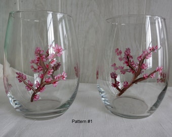 Handpainted  Wine Glasses - Redbud Sprigs and Blossoms