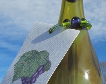 Beaded Wine Bottle Tag Illustrated with Pen and Ink and Colored Pencil Grape and Leaf Design - "Le Raisin"