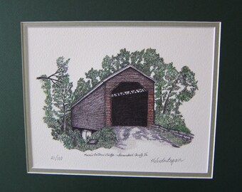 May include: A black and white drawing of a covered bridge with a brown roof and a stone wall. The bridge is surrounded by trees and the text "Mamie Scott Bridge - Shenandoah County, Va." is written below the bridge. The number "21/100" is in the bottom left corner and the artist's signature "Alexander Span" is in the bottom right corner.