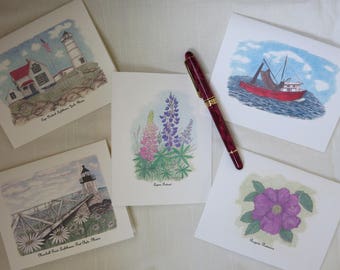 Maine Assortment Note Cards Illustrated with Pen and Ink and Colored Pencil