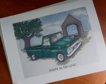 Antique Green GMC Truck with Cat Note Cards - "Siesta on the GMC"