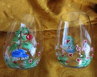 Hand painted Holiday Tiny Christmas Tree Stemless Wine Glasses- "We all need love."