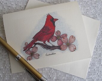 Pen and Ink Drawing of Cardinal and Dogwood Note Cards - "Cardinalidae"