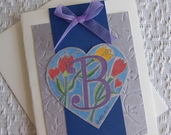 Heart-shaped "B" Monogram Handmade Note Card - Recycled and Up-cycled