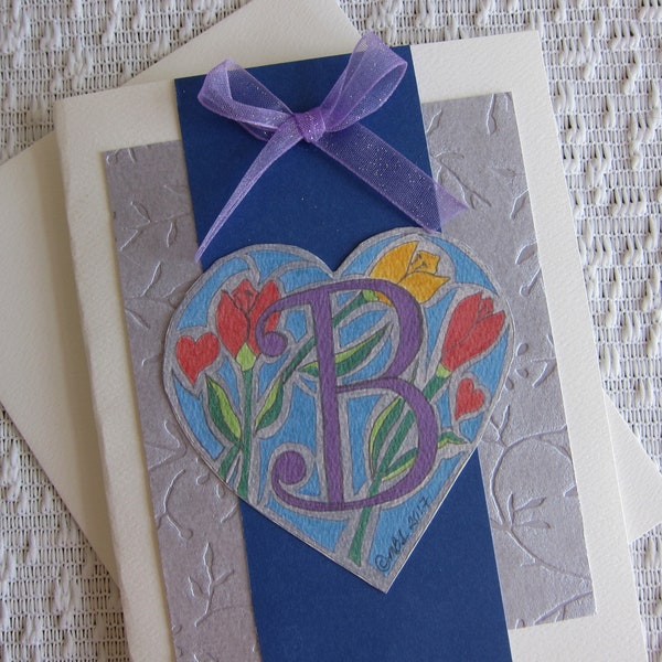 Heart-shaped "B" Monogram Handmade Note Card - Recycled and Up-cycled