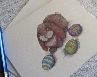 Note Cards with Pen and Ink Drawing of Lop-eared Bunny and Easter Eggs