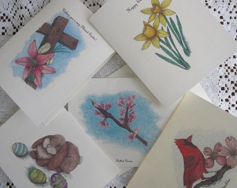 Assortment of Note Cards - Pen and Ink Drawing of Spring and Easter Motifs