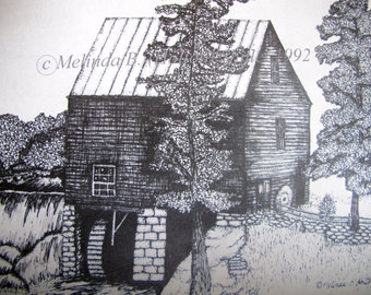 Pen and Ink drawing of Laurel Mill in North Carolina