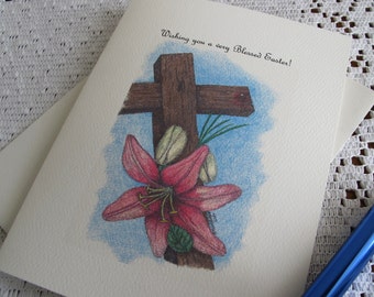 Note Cards with Pen and Ink Drawing  of Easter Lilly and Cross with verse - "Wishing you a very Blesed Easter"