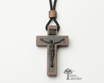 Black Catholic Cross Wood ebony and Che, Mens Cross Necklace, Christian Wall Art, Wooden Wall Cross Catholic crucifix Confirmation