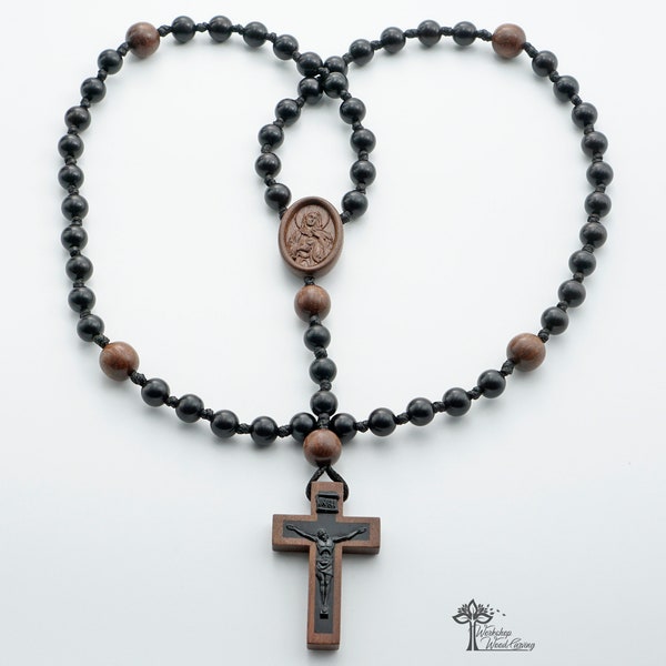 Wooden rosary made of eben and che, 8 mm ebony beads, Miraculous medal carved from Che,Beautiful Wooden Crucifix