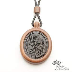 Saint Christopher medallion wood, St Christopher Necklace