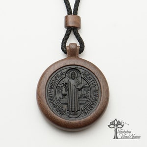 Medallion of Saint Benedict from Ebony, Catholic Saint Necklace Wood Pendant Christian Crucifix Mens Cross Jewelry Wooden Wall