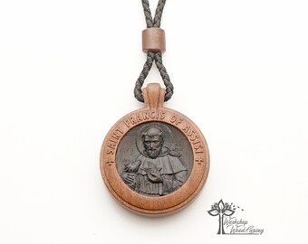 St. Francis of Assisi carved wooden medallion Catholic medallion of two valuable wood St. Francis jewelry, Сhristian Pendant Wood