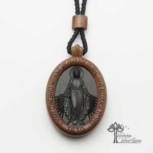 Miraculous Medal Necklace wood ebony Virgin Mary Pendant Catholic Jewelry Wood Pendant christian confirmation