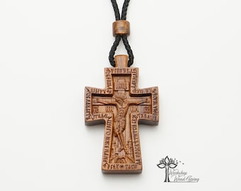 Orthodox Cross Necklace Wood religious gift Hand Carved Cross Mens Necklace crucifix