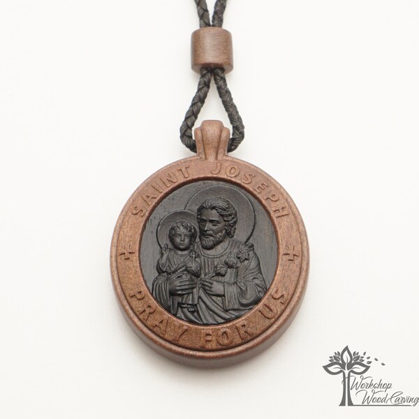 Saint Joseph Medal Necklace carved from wood