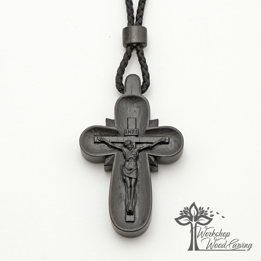 Ebony Wood Cross Necklace: Catholic Christian Pendant, Braided