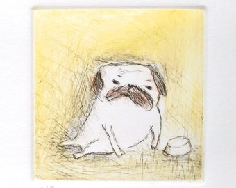 Drypoint Etching print with Chine-collé, "pug in yellow", Original Hand-pulled Fine Art Print