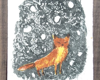 Fox lithography print Postcard size original hand pulled limited edition