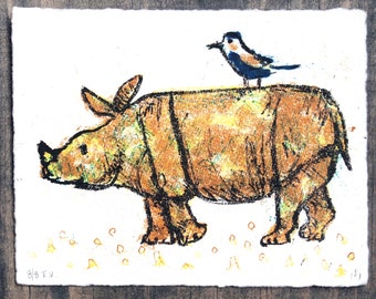 Rhinoceros Lithography Print Postcard size original hand pulled limited edition