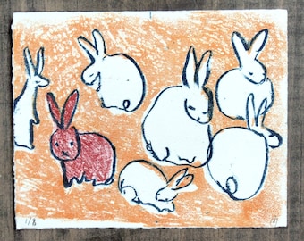 Bunny rabbits lithography print Postcard size original hand pulled limited edition