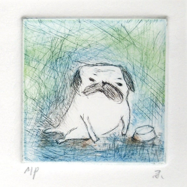 Drypoint Etching print with Chine-collé, "pug in blue", Original Hand-pulled Fine Art Print