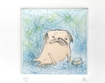 Drypoint Etching print with Chine-collé, "pug in blue", Original Hand-pulled Fine Art Print