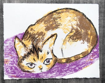 Calico Cat lithography print Postcard size original hand pulled limited edition