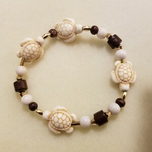 Handcrafted Natural Stone Turtle Shaped Charm Bracelet with Cream Stone Beads. Bracelet and Dangle Earrings Set.