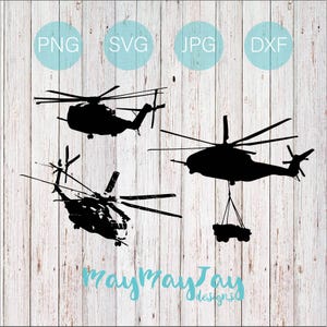 May include: Black silhouette images of helicopters in various positions, including one carrying cargo. The image includes the text "PNG SVG JPG DXF" in light blue circles, and the text "MayMayJay designs" in a teal script font.