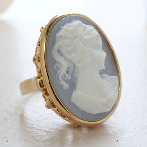 Vintage Light Blue Cameo 18k Yellow Gold Electroplated Cocktail Ring Handcrafted #R1690