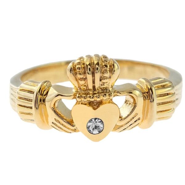 Antique Dainty Claddagh Ring Clear Swarovski Crystal 18k Irish Gold Womans Jewelry Claddagh Rings R3443 - Limited Stock - Never Worn