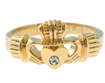 Antique Dainty Claddagh Ring Clear Swarovski Crystal 18k Irish Gold Womans Jewelry Claddagh Rings R3443 - Limited Stock - Never Worn
