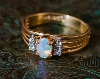 Vintage Womans 1970's Antique Genuine Opal Crystal Ring 18k Gold Electroplated Rings USA Handmade Jewelry Oval Stone October Birthstone