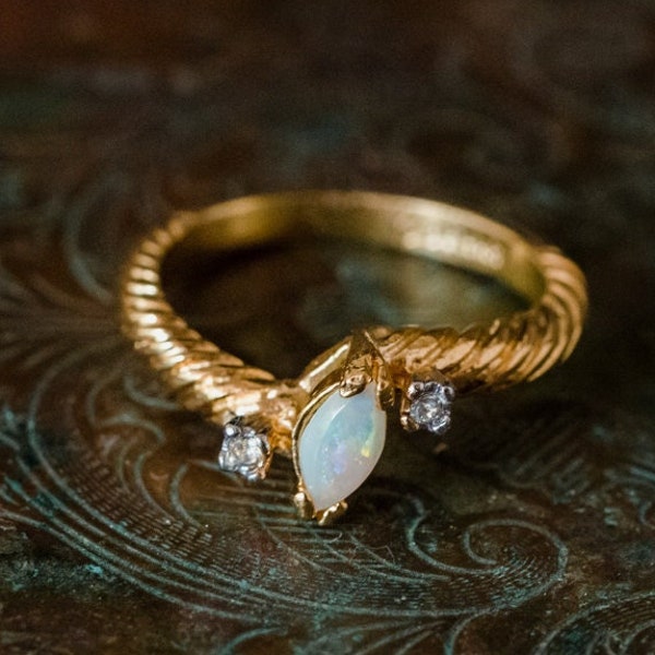 Vintage Ring Antique Ring Dainty Genuine Opal Engagement Ring with Sworovski Crystals Womans Jewelry Size R1032 - LIMITED STOCK