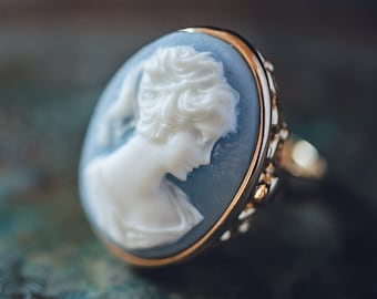 Vintage Light Blue Cameo 18k Yellow Gold Electroplated Cocktail Ring Handcrafted #R1690